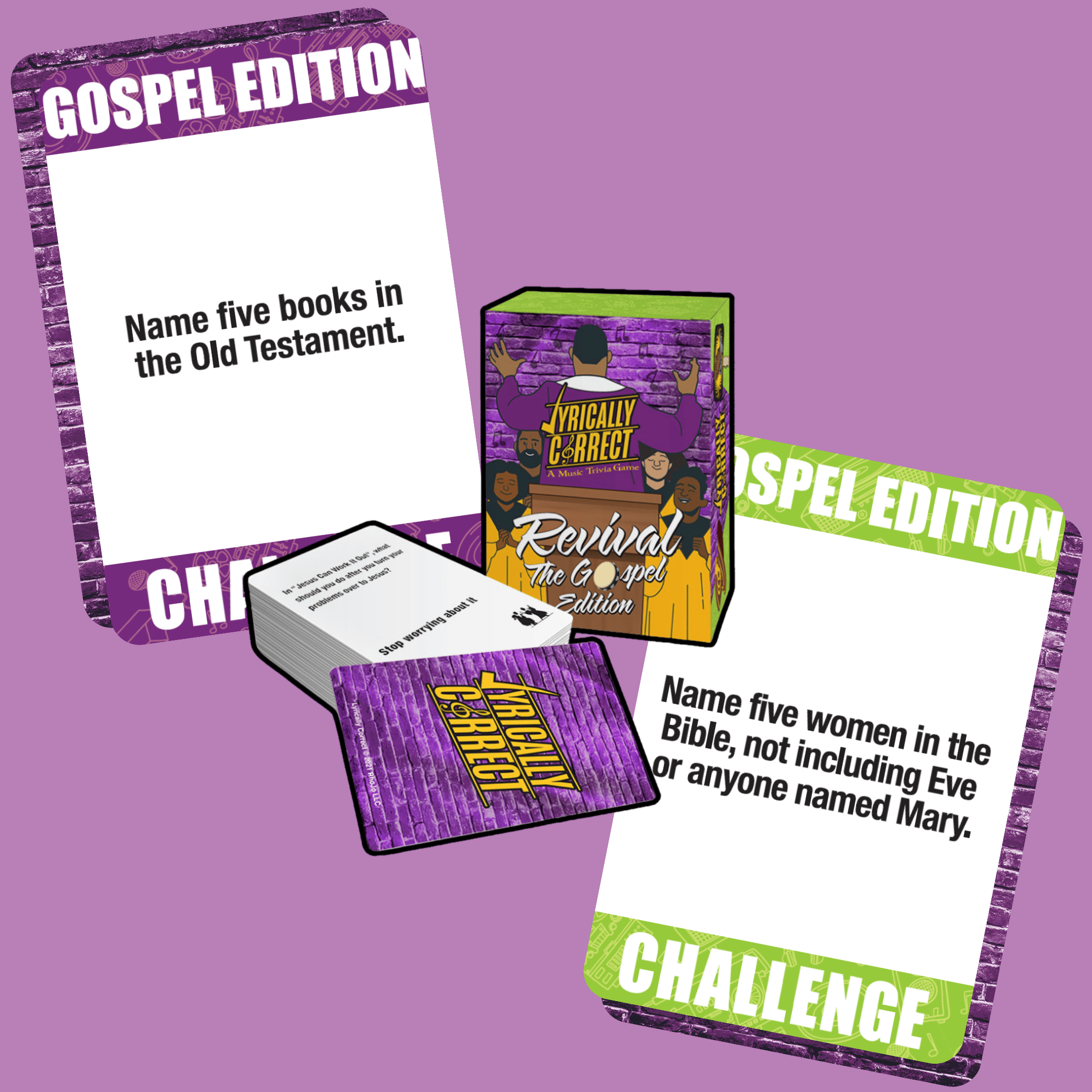 Lyrically Correct Revival The Gospel Edition card game with challenge cards featuring Bible-related questions